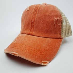Ponytail Criss-cross Mesh Trucker Women's Cap Hat Distressed Orange